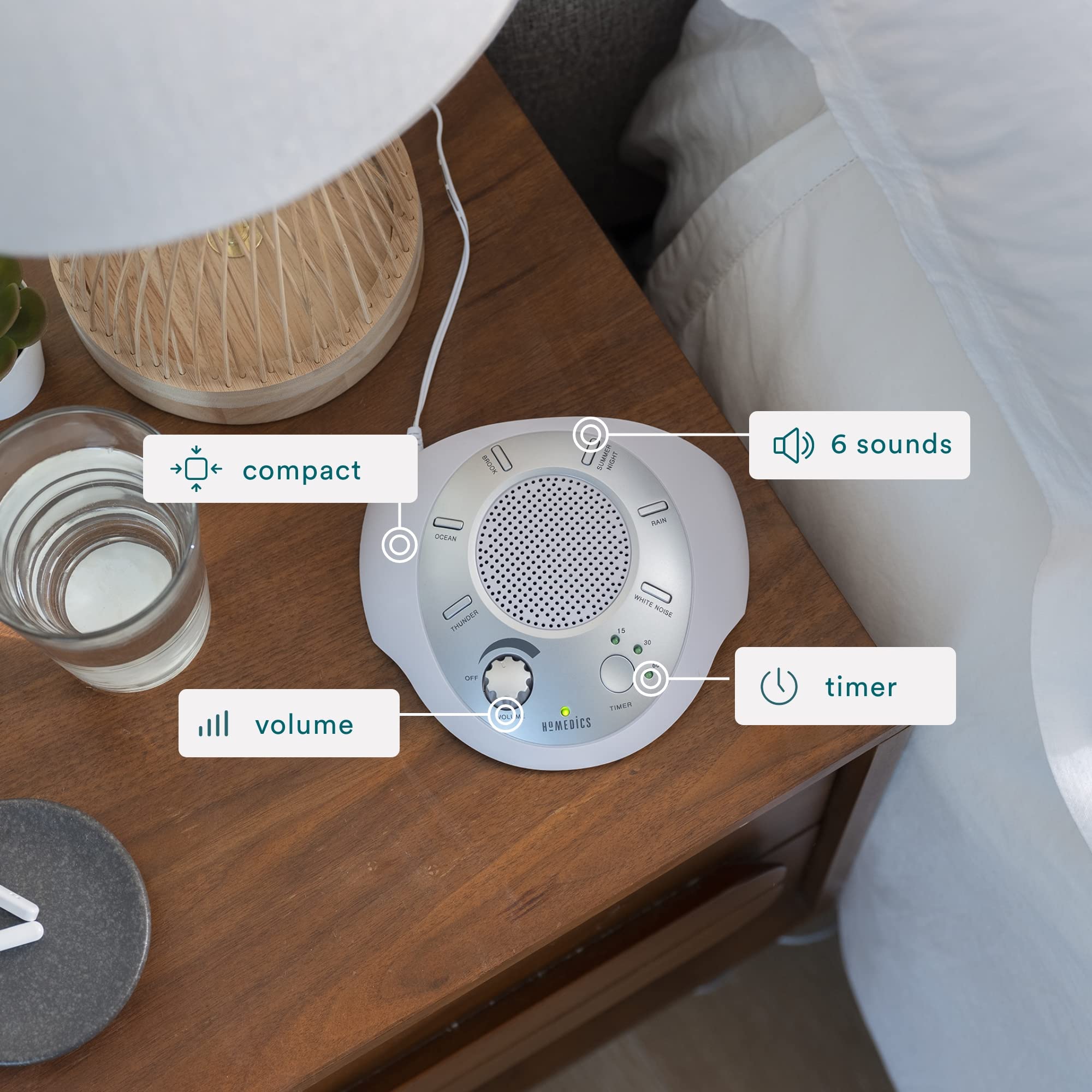 Homedics Soundsleep White Noise Sound Machine, Silver, Small Travel Sound Machine With 6 Relaxing Nature Sounds, Portable Sound